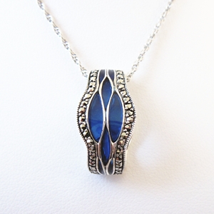 Blue Enamel Pendant Scalloped Edge with Marcasite